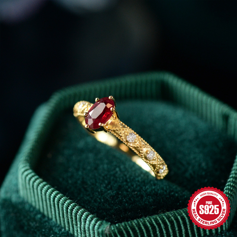 Vintage Palace Style Adjustable Ring 925 Sterling Silver Gold Plated Oval Red Zirconia Elegant Jewelry For Women