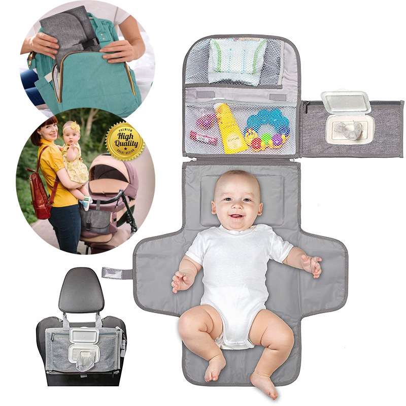 Portable Waterproof Baby Diaper Changing Pad 300D Oxford Cloth Foldable Travel Changing Mat With Built-in Wipes Pocket For Newborn Infants