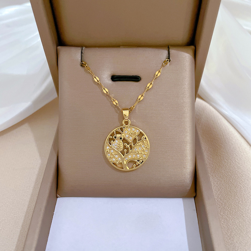 Owl Tree Of Life Pendant Necklace Stainless Steel Chain Copper Zircon Hollow Round Clavicle Chain Fashion Jewelry Women