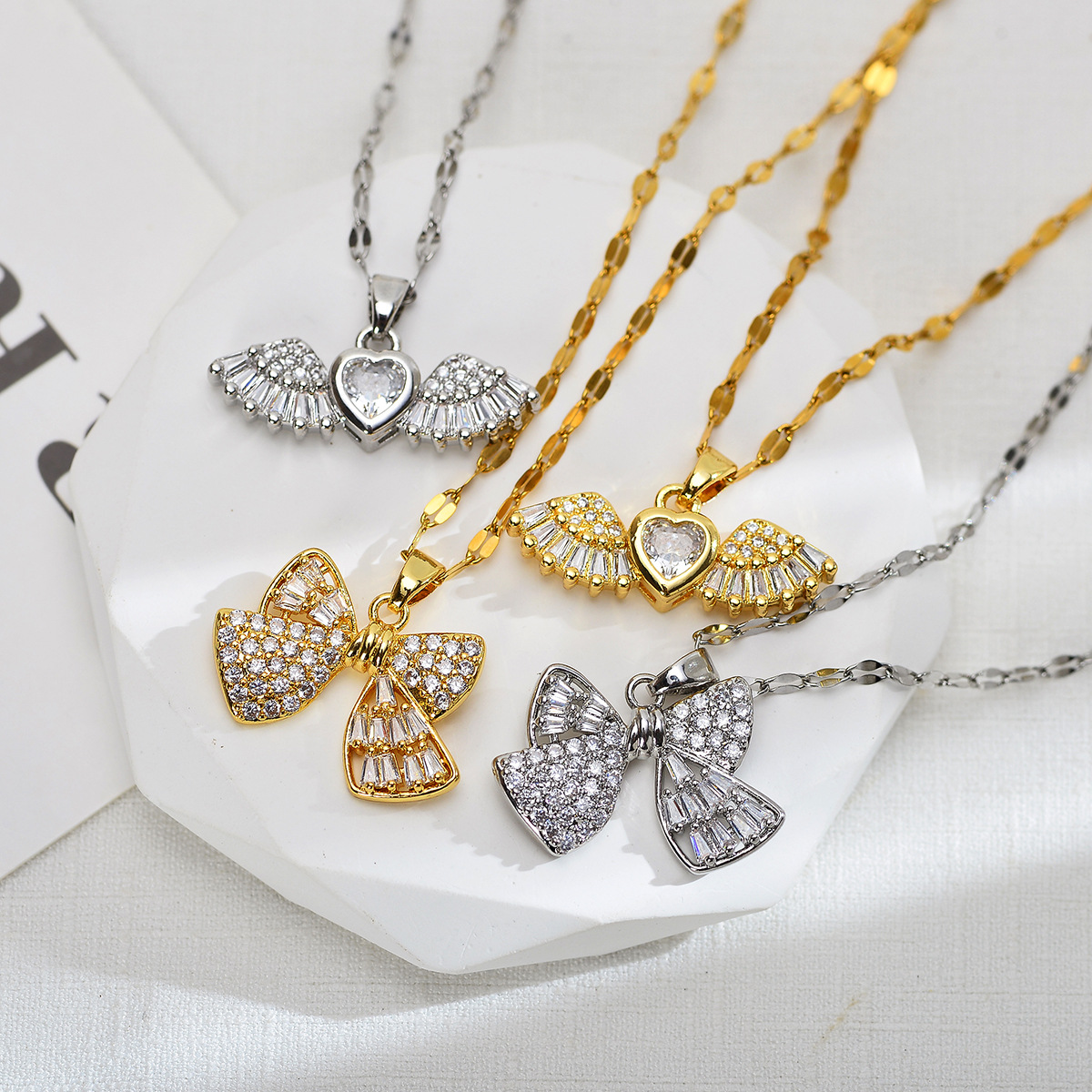 Zircon Angel Wings Heart And Bowknot Pendant Necklace Elegant Copper Jewelry For Women Shiny Micro Pave Accessories