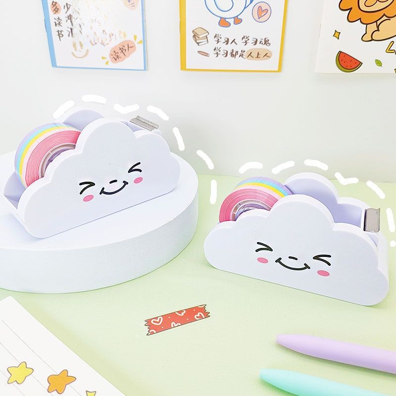 Cute Cloud Shape Tape Dispenser With Rainbow Tape Creative White Desktop Stationery Tape Holder For Hand Account Scrapbooking School Office Supplies Women Kids Gift