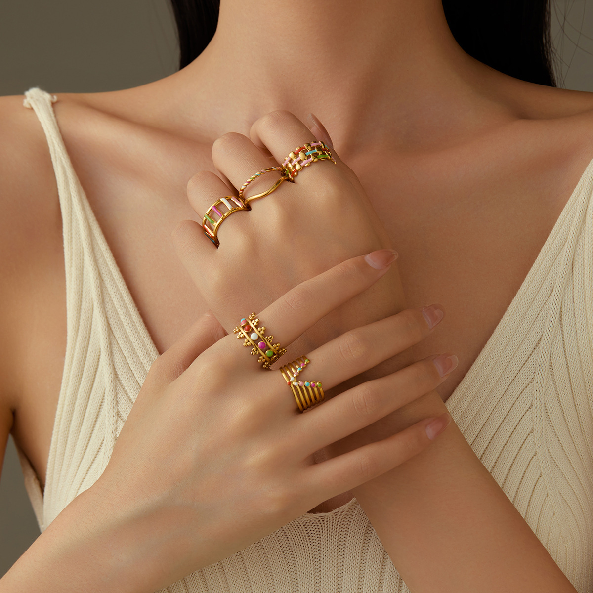 Fashion 18K Gold Plated Stainless Steel Open Ring For Women Colorful Enamel Geometric Adjustable Ring Jewelry