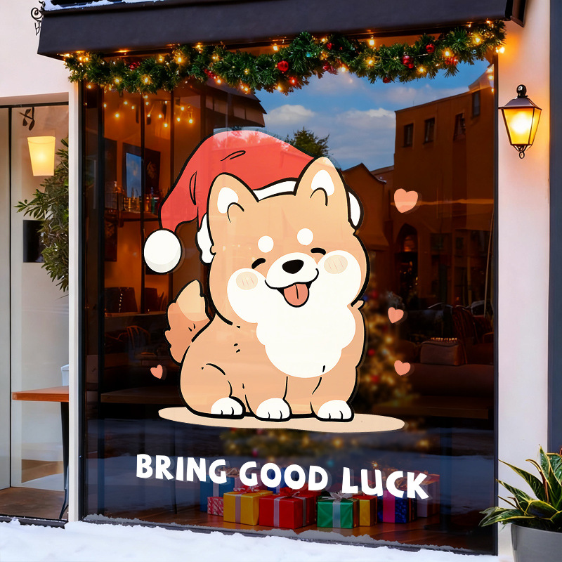 Christmas Window Sticker Static PVC No Glue Double Sided Cartoon Dog With Santa Hat Bring Good Luck For Shop Mall Glass Home Holiday Decoration