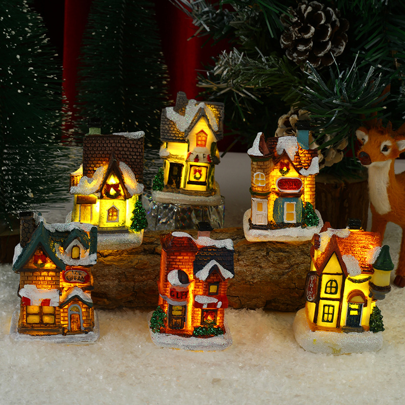 Christmas Village Houses LED Miniature Resin Cottages With Battery Operated Warm Light Snow Covered For Xmas Party Desktop Decoration Gift