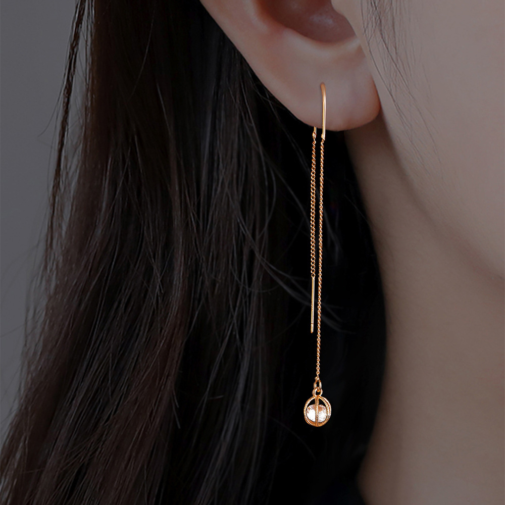 Zircon Threader Earrings For Women Long Copper Chain With Hollow Lantern Pendant French Style Jewelry