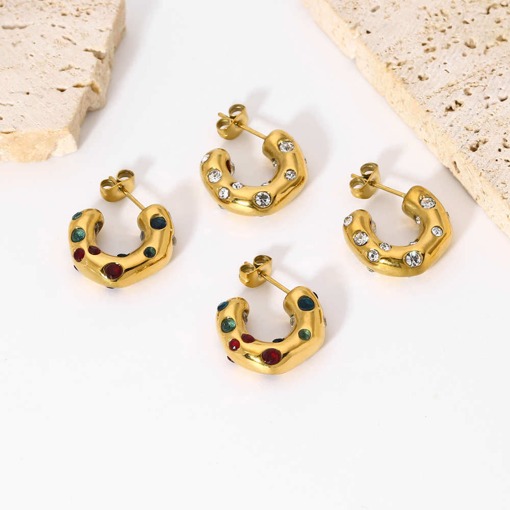 Casual Classic Style C Shape Plating Inlay 304 Stainless Steel Rhinestones 18K Gold Plated Ear Studs