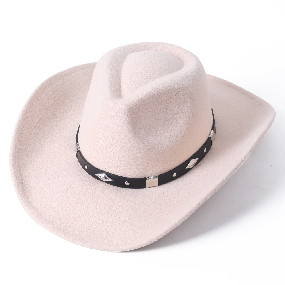 Western Cowboy Hat Wide Brim Felt Jazz Fedora With Diamond Rhinestone Leather Band Vintage Outlaw Hat For Men Women Autumn Winter Outdoor Travel