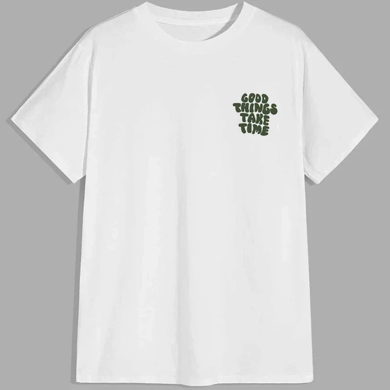 Men's Casual 100% Cotton Short Sleeve T-Shirt With Good Things Take Time Letter Graphic Print Round Neck Streetwear Loose Fit Tee