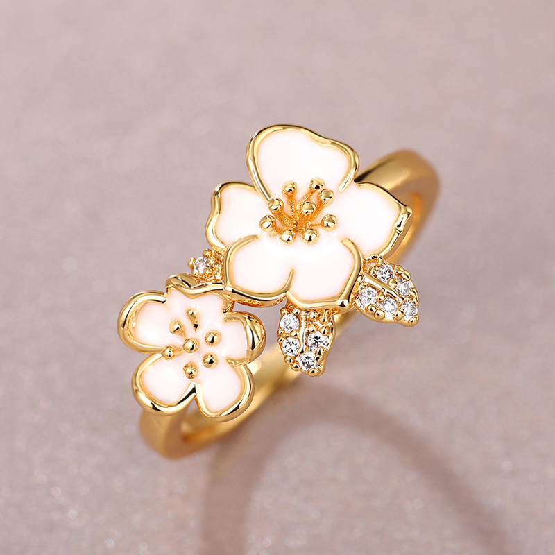 Sweet White Enamel Camellia Flower Ring Gold Plated Copper With Zirconia Leaf Korean Ins Style Floral Ring For Women Sized Jewelry