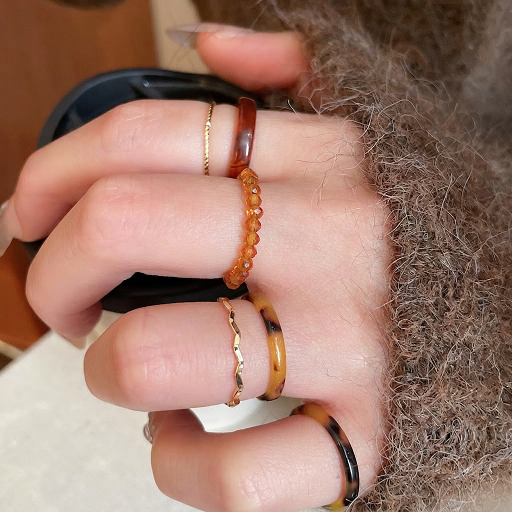 Wholesale Retro Resin Metal Tortoise Shell Beaded Stackable Rings - Everful