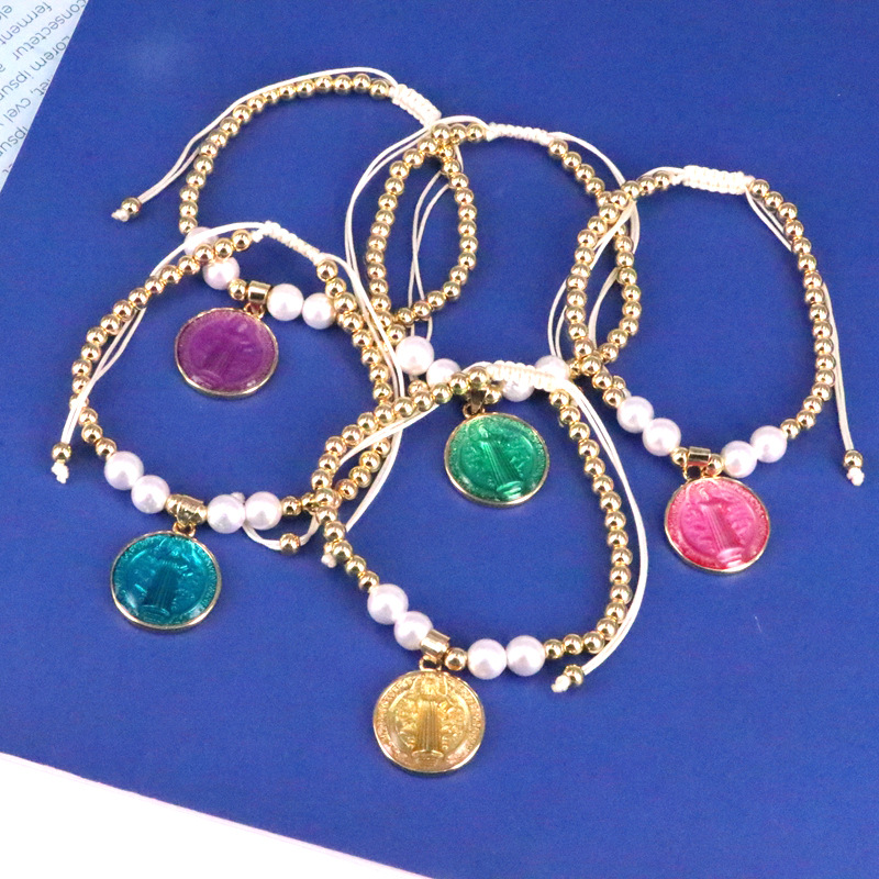 Handmade Woven Beaded Bracelet With Copper Beads Shell Pearls And Saint Benedict Medal Religious Enamel Jewelry For Women