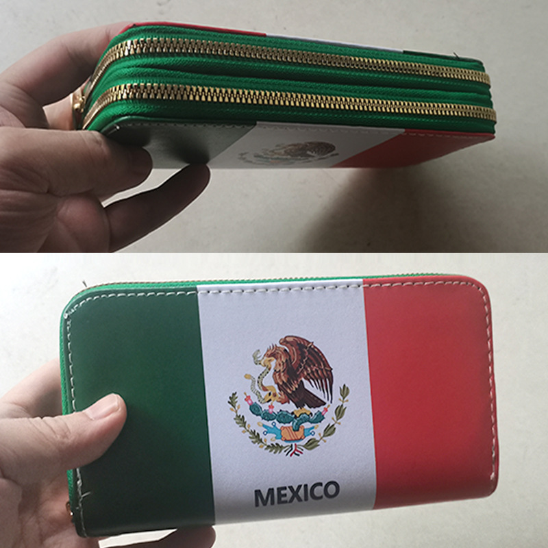 Mexican Flag Double Zipper Long Wallet PU Leather Fan Travel Purse With Shoulder Strap For Men Women Outdoor Casual Wristlet Bag