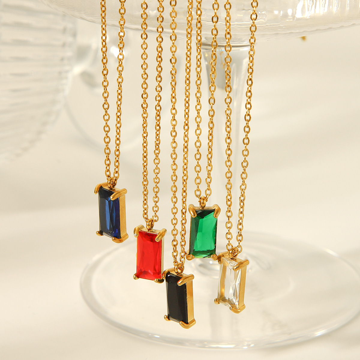 Rectangular Zirconia Pendant Necklace Gold Plated Stainless Steel Chain Elegant Multi-color Crystal Necklaces for Women Jewelry Daily Wear Gift