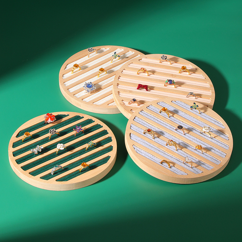 Bamboo Wood Round Jewelry Ring Display Tray Organiser Velvet Linen Holder Circular Jewelry Storage Plate For Showcase Market Vendor Home Decor