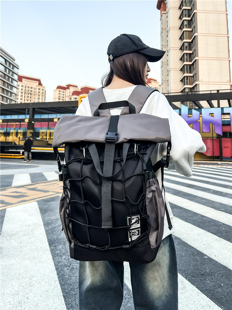 Techwear Functional Backpack Large Capacity Sports Basketball Training Bag with External Helmet Mesh Pocket Waterproof Nylon Roll Top Daypack for Men Women Outdoor Cycling