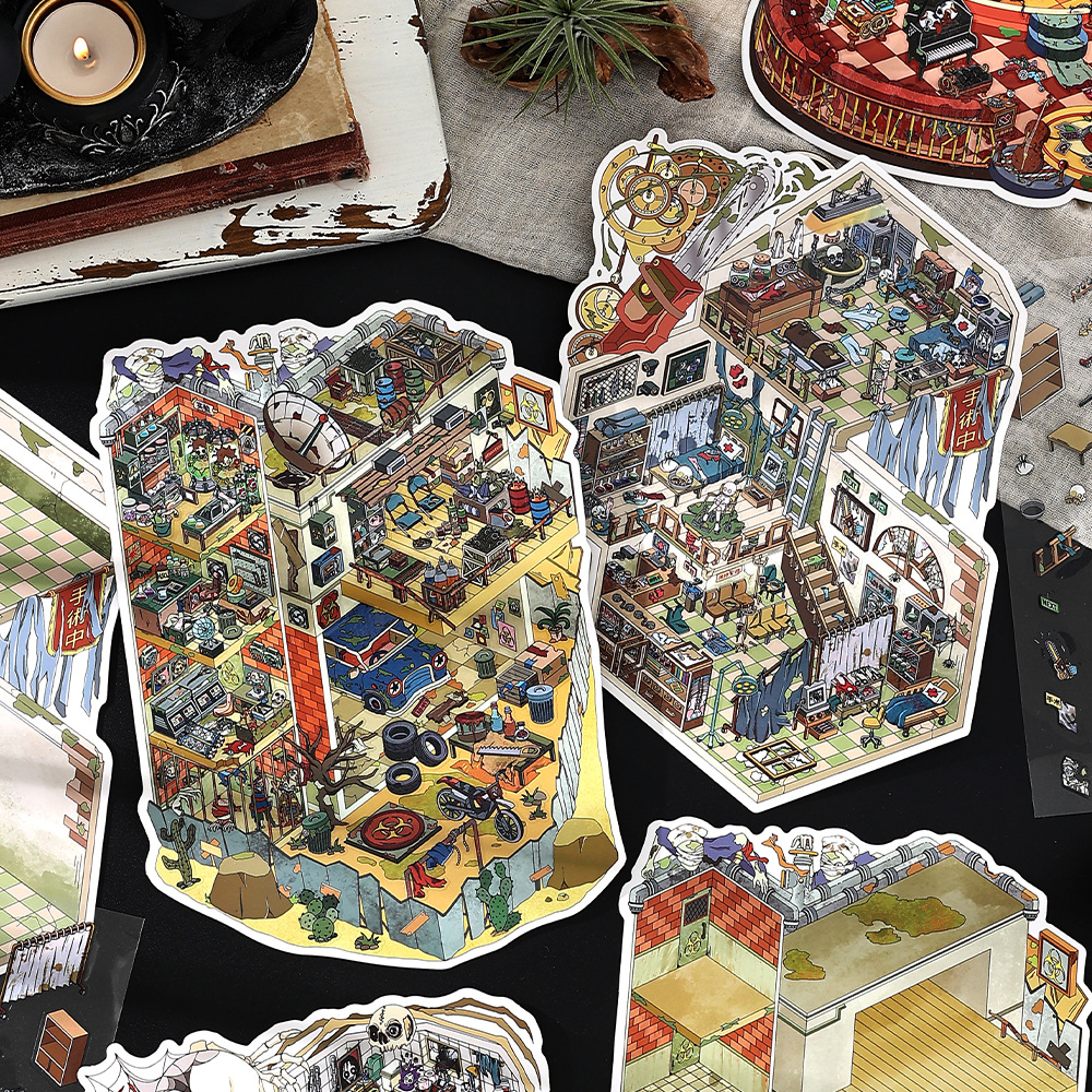 Large 3D Isometric Scenery Stickers Set PET Cardboard DIY Architectural Room Decorative Deco Scene Stickers For Scrapbooking Journal Planner Hand Account Supplies
