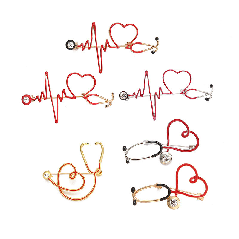 Creative Medical Stethoscope Heart EKG Brooch Enamel Alloy Rhinestone Pin For Nurse Doctor Graduation Gift Professional Fashion Jewelry Accessories Heartbeat Pin