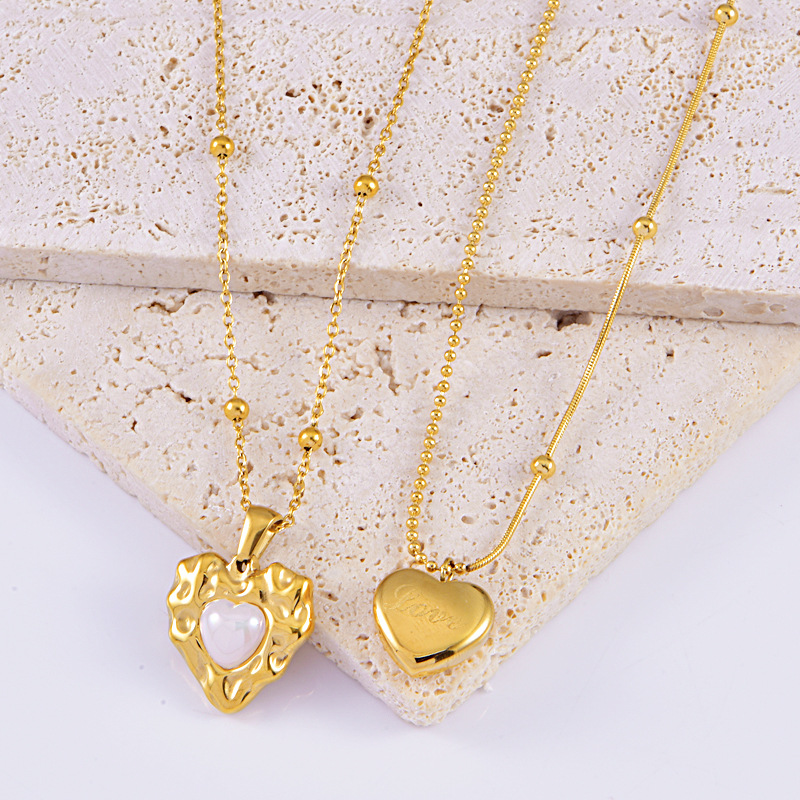 Heart Pendant Necklace Stainless Steel Mother Of Pearl Love Letter Engraved Clavicle Chain Jewelry For Women