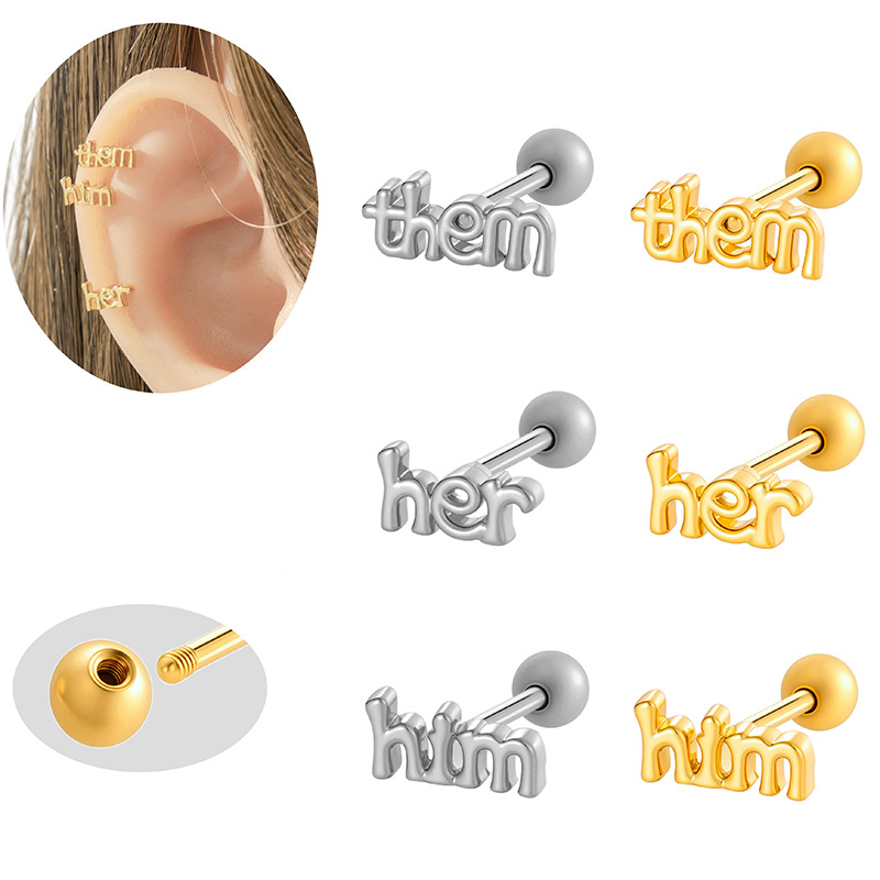 3Pcs Set Stainless Steel Copper Zirconia Word Stud Earrings Her Him Them Letters Screw Back Helix Cartilage Piercing Jewelry For Women Men Minimalist
