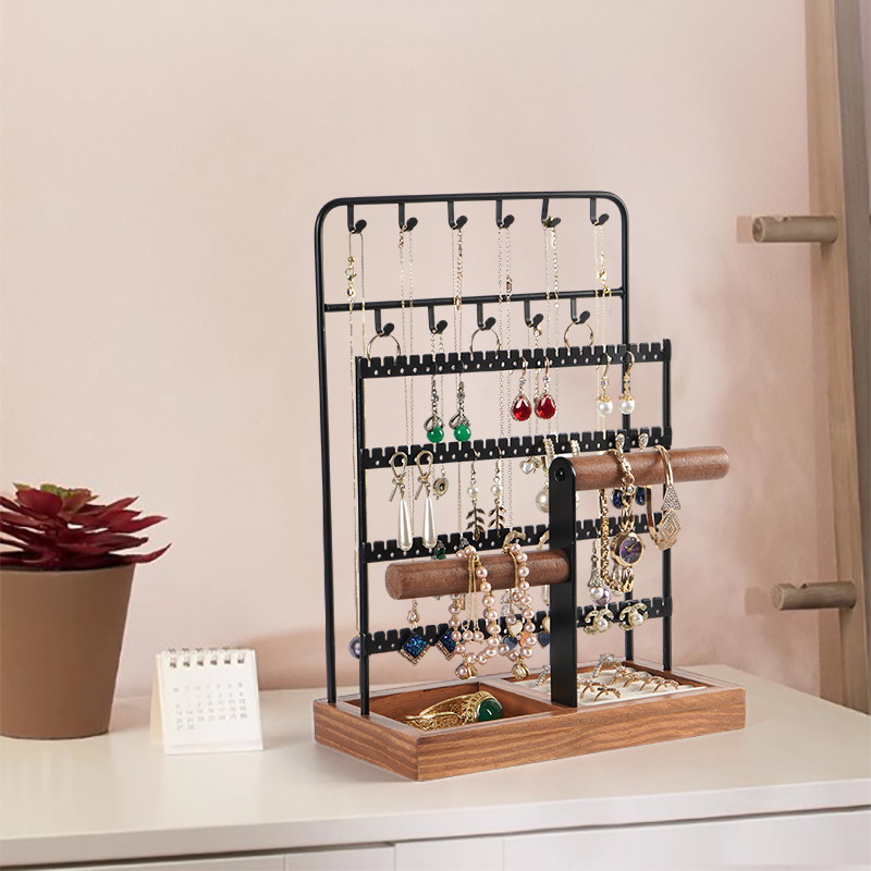 Large Capacity Jewelry Display Stand Metal And Wood Organizer Holder With Necklace Hooks Earring Holes Bracelet Bars And Ring Tray Nordic Style Storage Rack For Dressing Table Women Girls