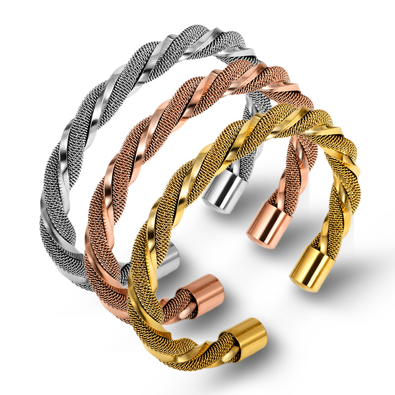 Twisted Wire Mesh Bangle Stainless Steel Open Cuff Adjustable Bracelet Fashion Jewelry For Men And Women