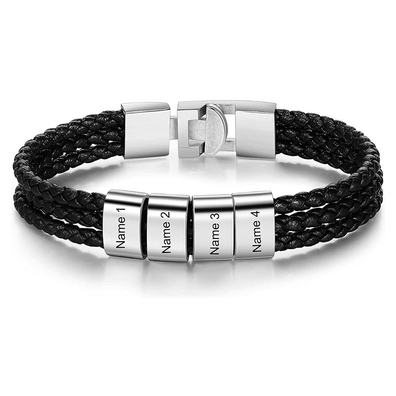 Custom Name Braided Leather Bracelet for Men Stainless Steel Personalized Engraved Beads Multi-layer Wrap Jewelry Gift for Father Husband