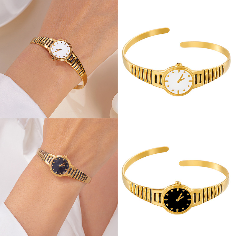 Women Luxury Stainless Steel Bangle Watch Retro Gold Plated Open Cuff Bracelet Watch Striped Texture Minimalist Dial Quartz Watch Jewelry for Women Gift