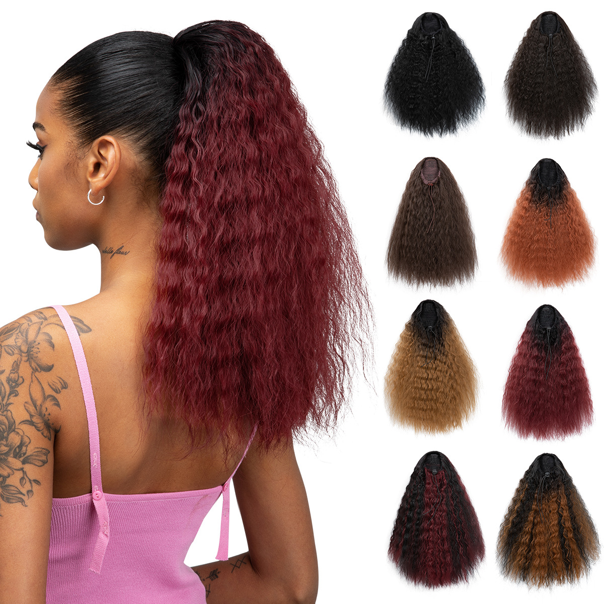Long Wavy Curly Ponytail Extension High Temperature Synthetic Fiber Drawstring Ponytail Hairpiece For Women Yaki Texture Natural Looking Hair Extensions