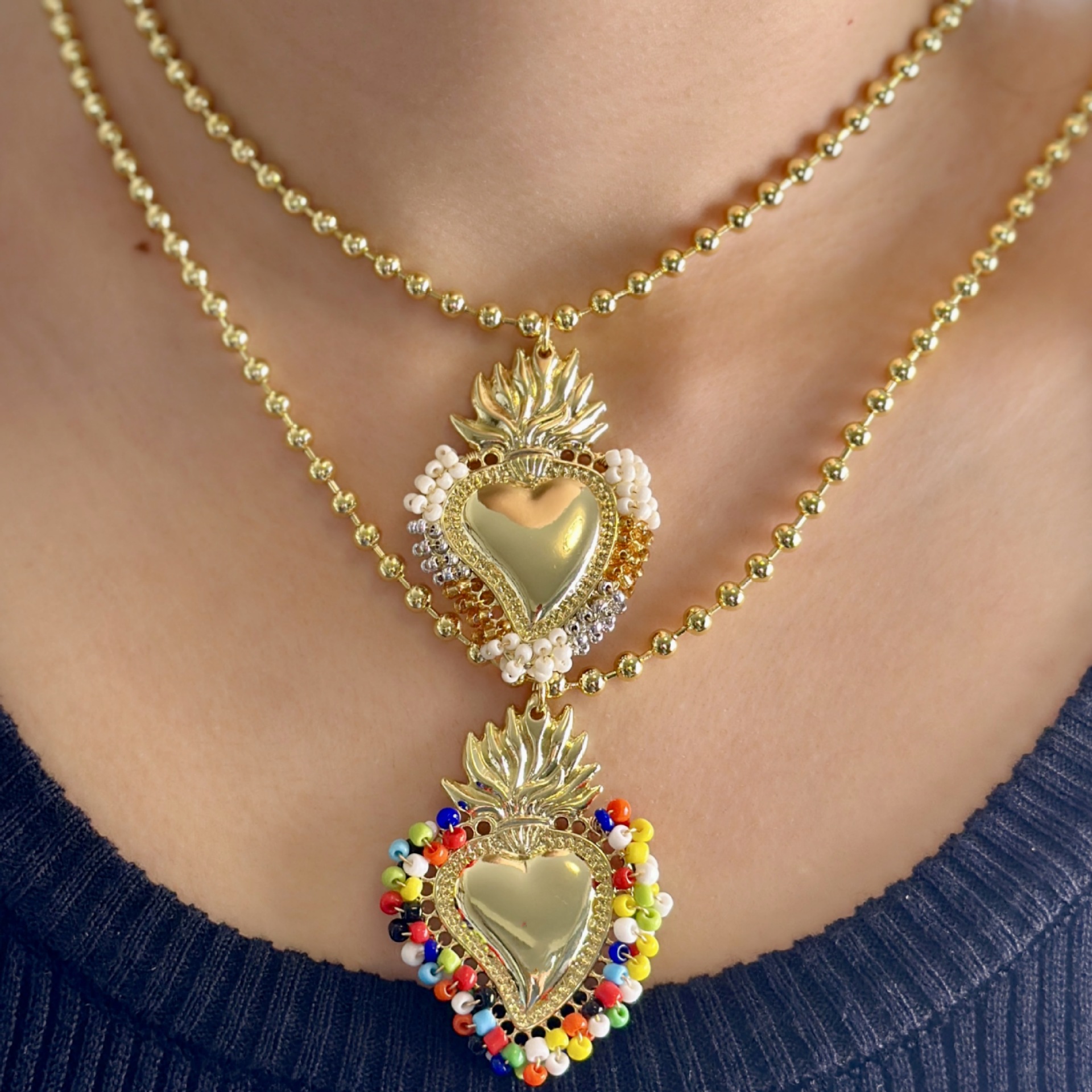Vintage Sacred Heart Pendant Necklace With Copper Ball Chain And Colorful Seed Beads Handmade Bohemian Jewelry For Women