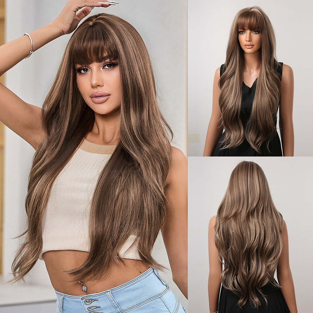 Women's Long Wavy Synthetic Fiber Wig With Bangs Ombre Highlight Natural Looking Brown Pink Gray Hairpiece For Daily Party Cosplay Use