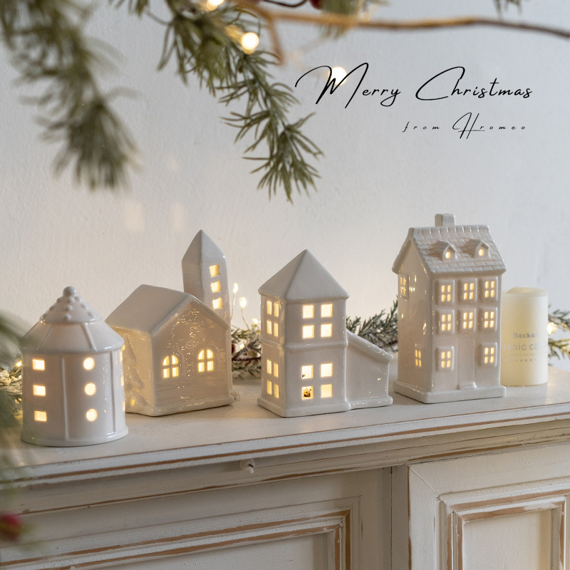 White Ceramic LED Christmas House Miniature Building Ornament Warm Glow For Holiday Desktop Home Decor Atmosphere Lighting