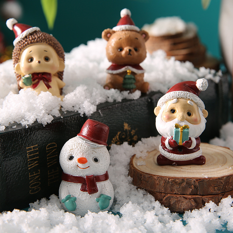 Miniature Christmas Resin Ceramic Animal Ornaments Set Cute Santa Claus Reindeer Snowman Gingerbread Man Figurines Desktop Home Decor Holiday Gifts