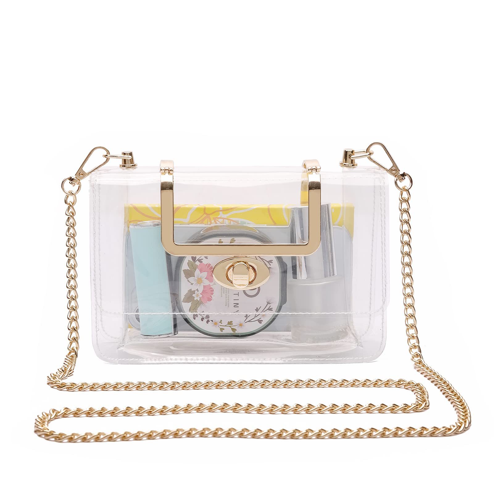 Women Clear Crossbody Bag Transparent PVC Handbag With Metal Handle Removable Chain Strap Stadium Approved Small Square Shoulder Bag For Concert Festival