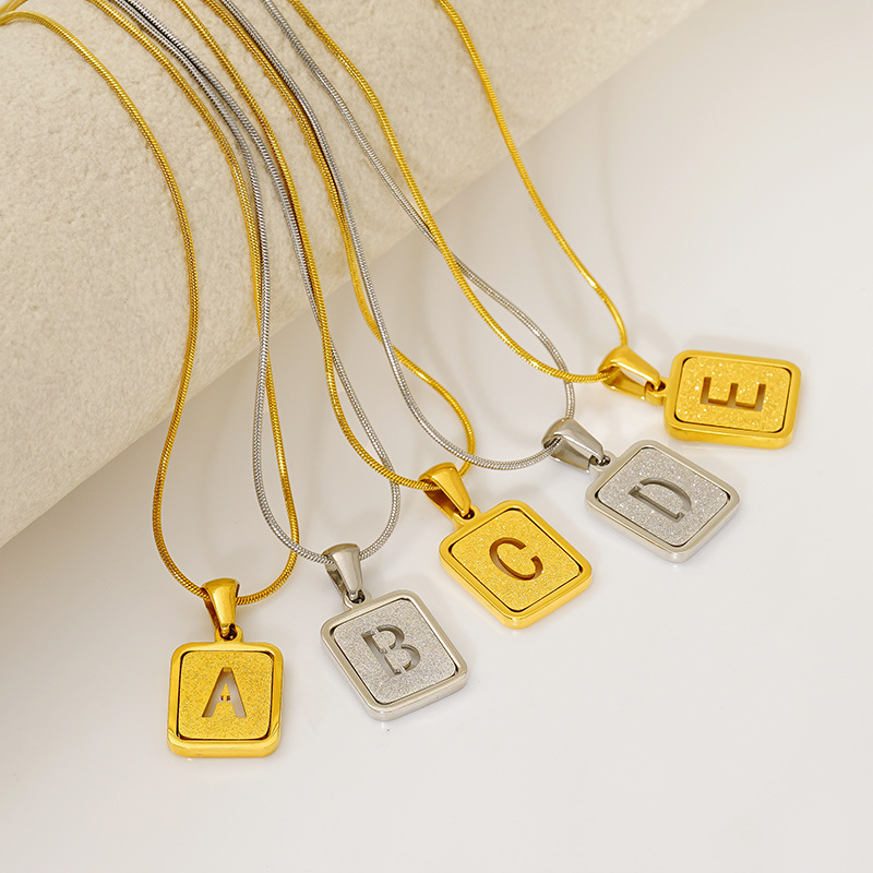 Square Letter Pendant Necklace Stainless Steel Snake Chain Frosted Hollow Alphabet A-E Gold Silver Minimalist Jewelry For Women