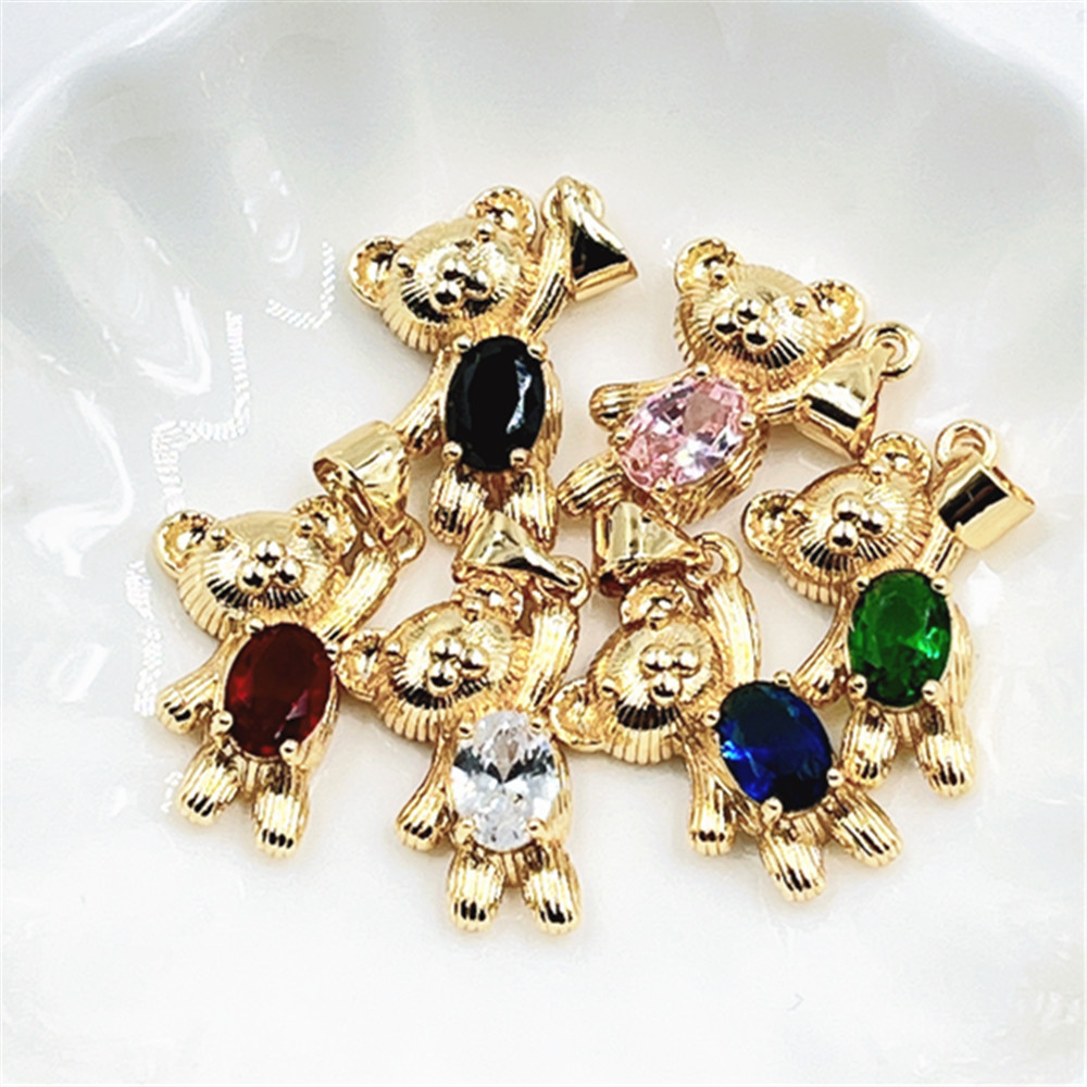 Cute Teddy Bear Pendant Necklace Copper 18K Gold Plated Colorful Oval Cubic Zirconia Animal Jewelry For Women