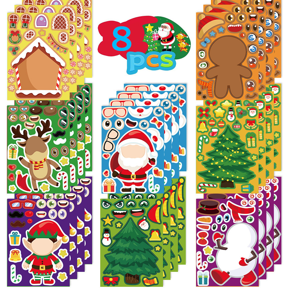 8 Sheets Christmas DIY Make A Face Stickers Waterproof PVC Cartoon Santa Reindeer Puzzle Stickers For Kids Party Favors
