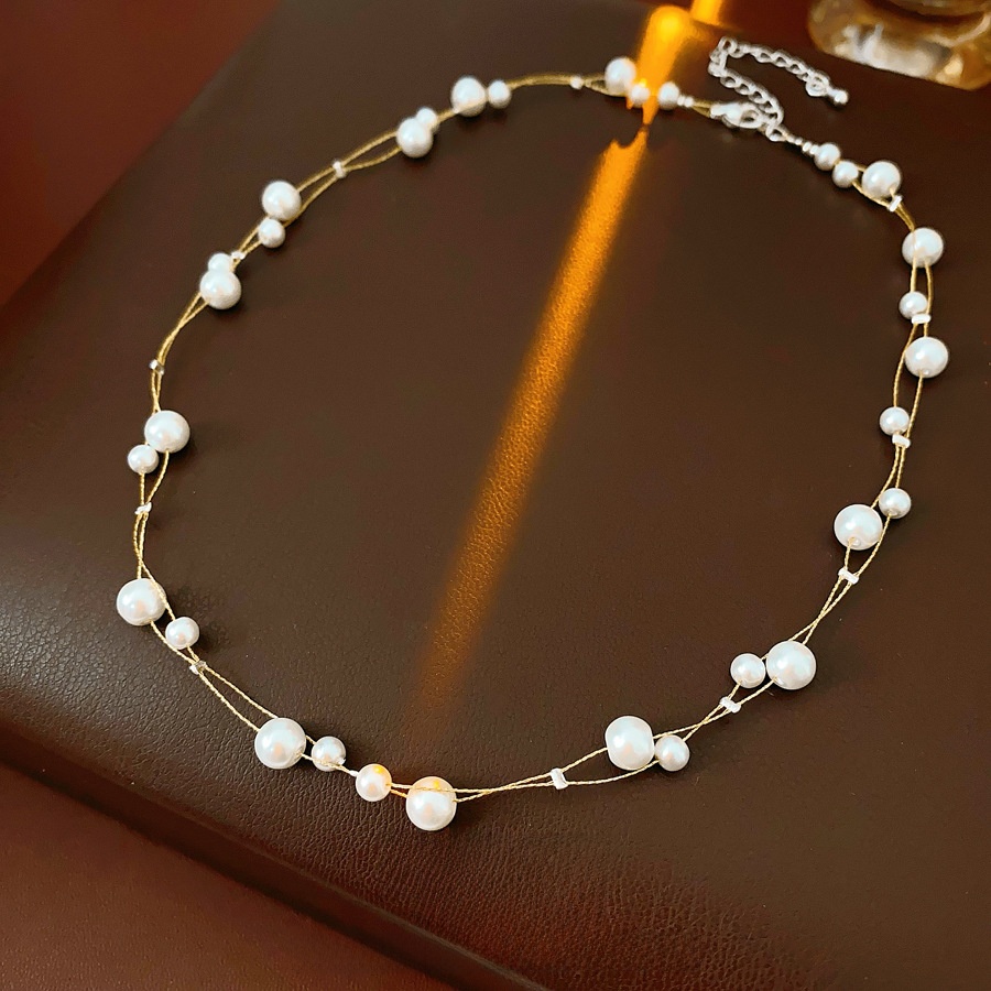 Elegant Gold Plated Copper White Imitation Pearl Beaded Necklace For Women Retro Simple Pearl Jewelry For Wedding Party Daily Wearing