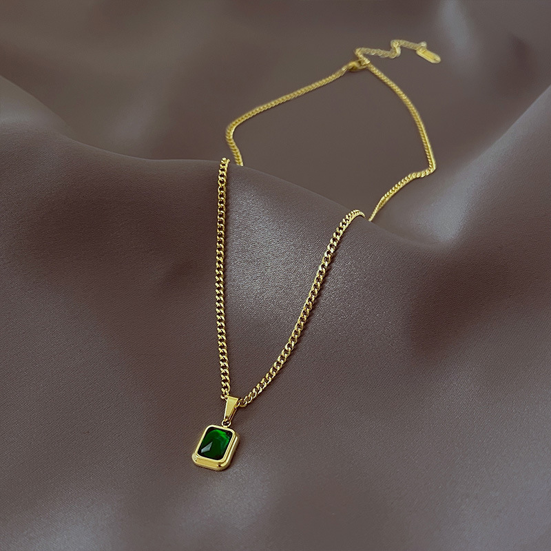 Vintage Rectangle Emerald Green Crystal Layered Necklace Stainless Steel Gold Plated Retro Luxury For Women