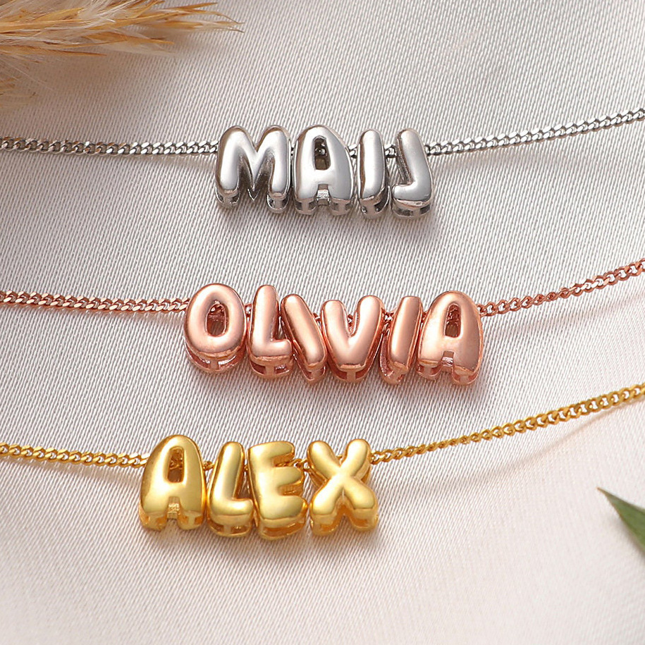 Personalized 3D Bubble Alphabet Letter Pendant Necklace Gold Plated Copper DIY Custom Name Jewelry For Women Girls Gift