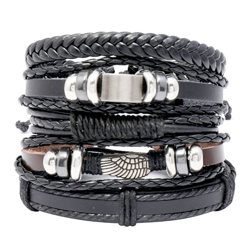 Handmade Woven Cowhide Leather Bracelet Multi Layer Adjustable Cord Retro Punk Style Alloy Wing Charm Unisex
