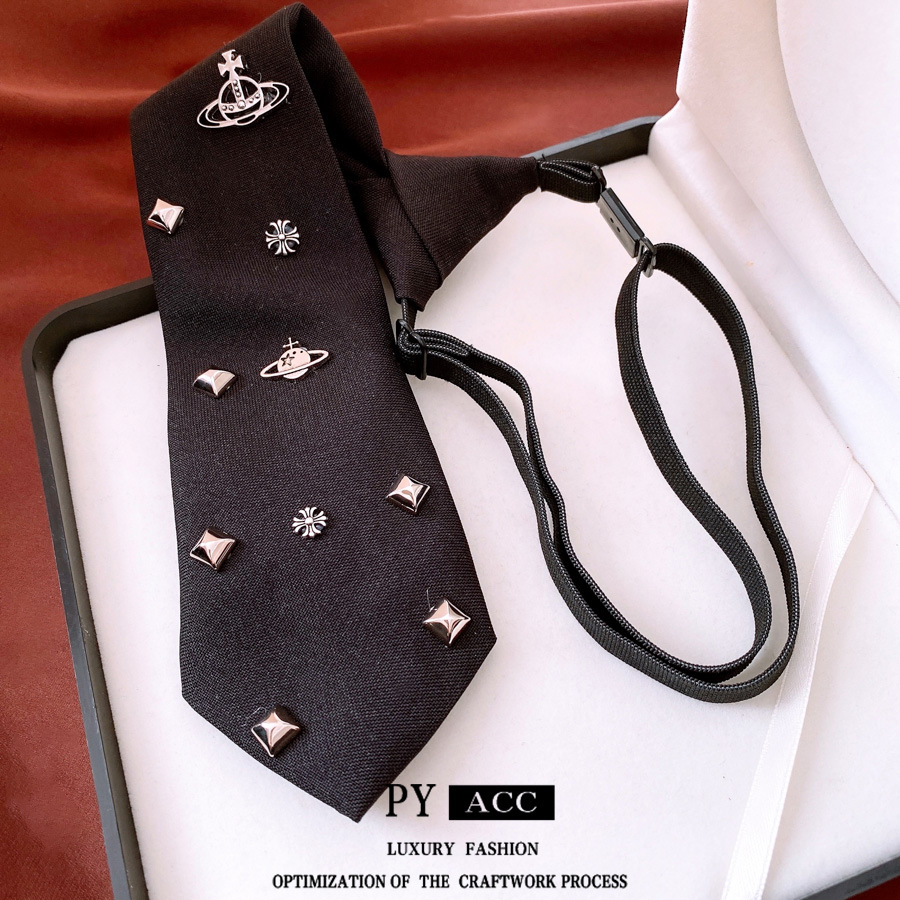 Punk Goth Black Polyester Tie With Alloy Metal Orb Cross And Studs Adjustable Pre-tied Necktie Harajuku Style Fashion Accessory For Men Women