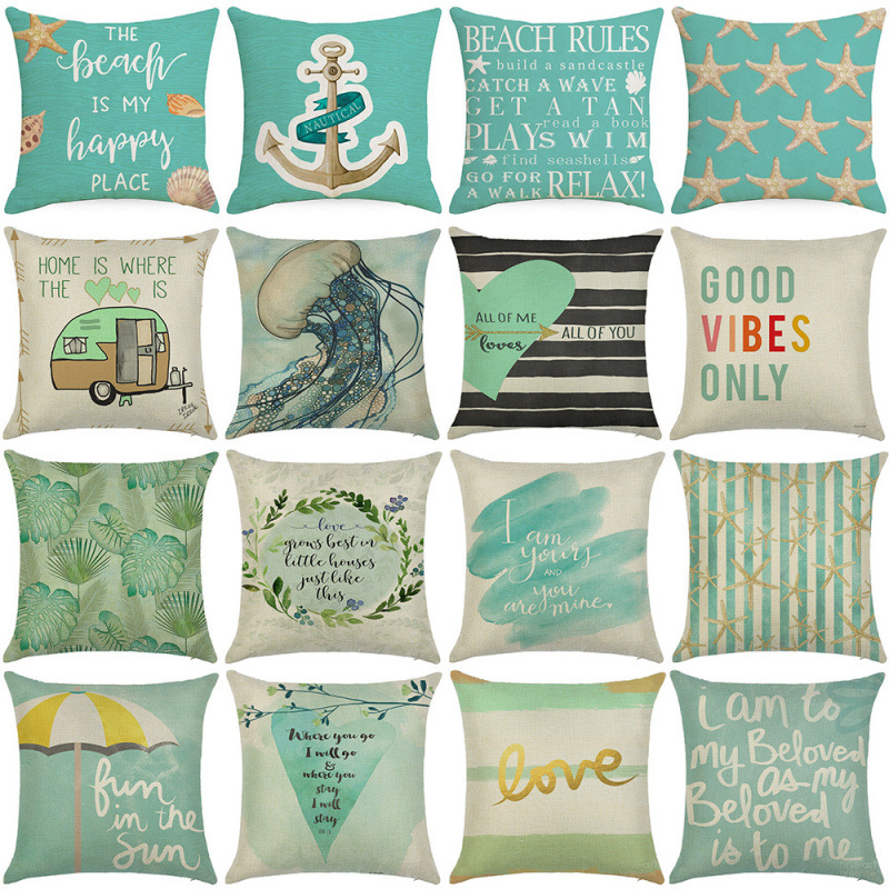 Ocean Marine Series Linen Pillow Case Turquoise Blue Coastal Decorative Throw Cushion Cover For Sofa Couch Home Decor 18x18 Inch