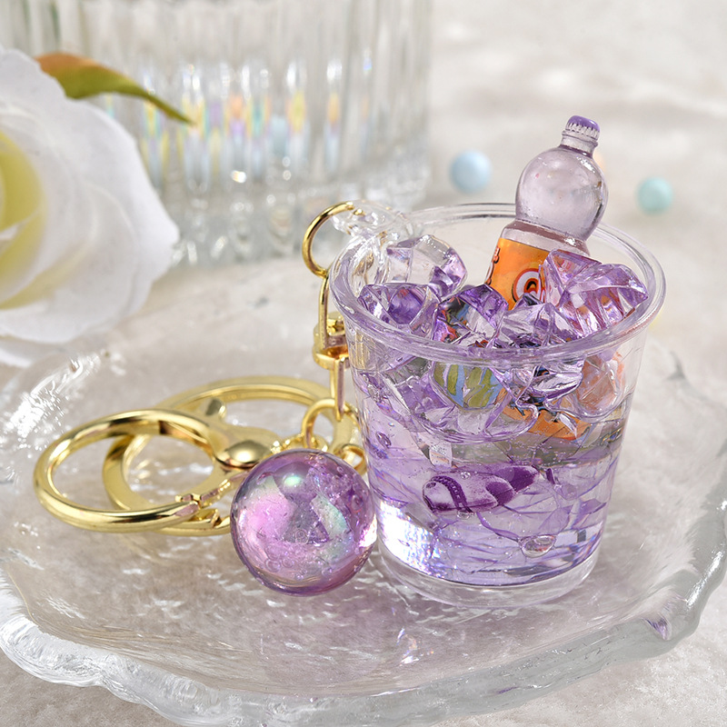 Creative Miniature Beverage Cup Keychain DIY Simulation Milk Tea Bottle Liquid Bag Charm Gold Metal Key Ring For Women Bag Accessories Gift