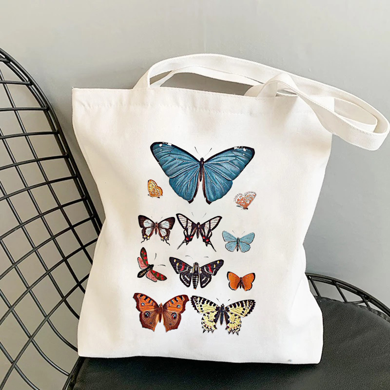 Women Retro Butterfly Floral Print Canvas Tote Bag Large Capacity Casual Shoulder Shopping Bag Minimalist Aesthetic Eco Friendly Reusable Handbag