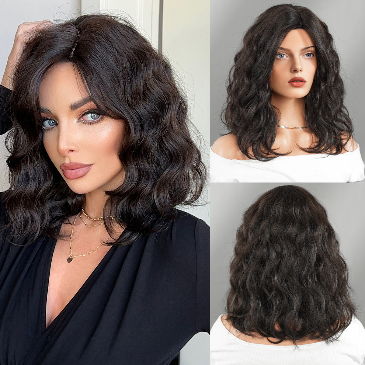 Women's Medium Long Wavy Curly Bob Wig With Side Bangs High Temperature Synthetic Fiber Heat Resistant Natural Looking Daily Party Hair Wig 16 Inch