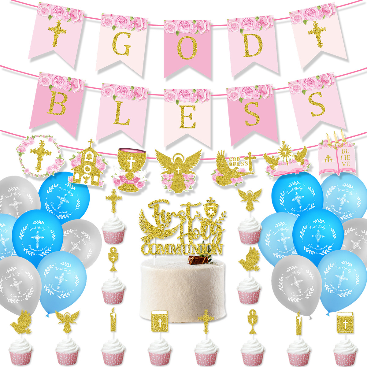 First Holy Communion Party Decoration Set Pink Gold God Bless Banner Latex Balloons Cake Toppers For Baby Baptism Religious Celebration Paper Party Supplies