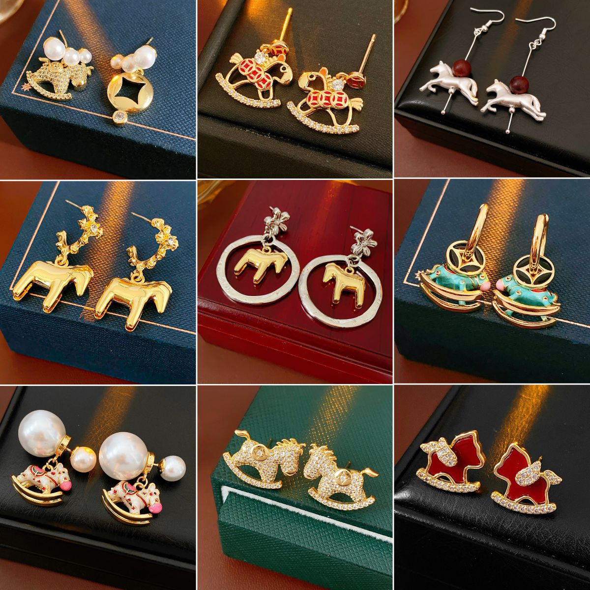Vintage Copper Rocking Horse Dangle Earrings For Women Cute Enamel Horse Stud Earrings With 925 Silver Needle Zircon Faux Pearl Jewelry