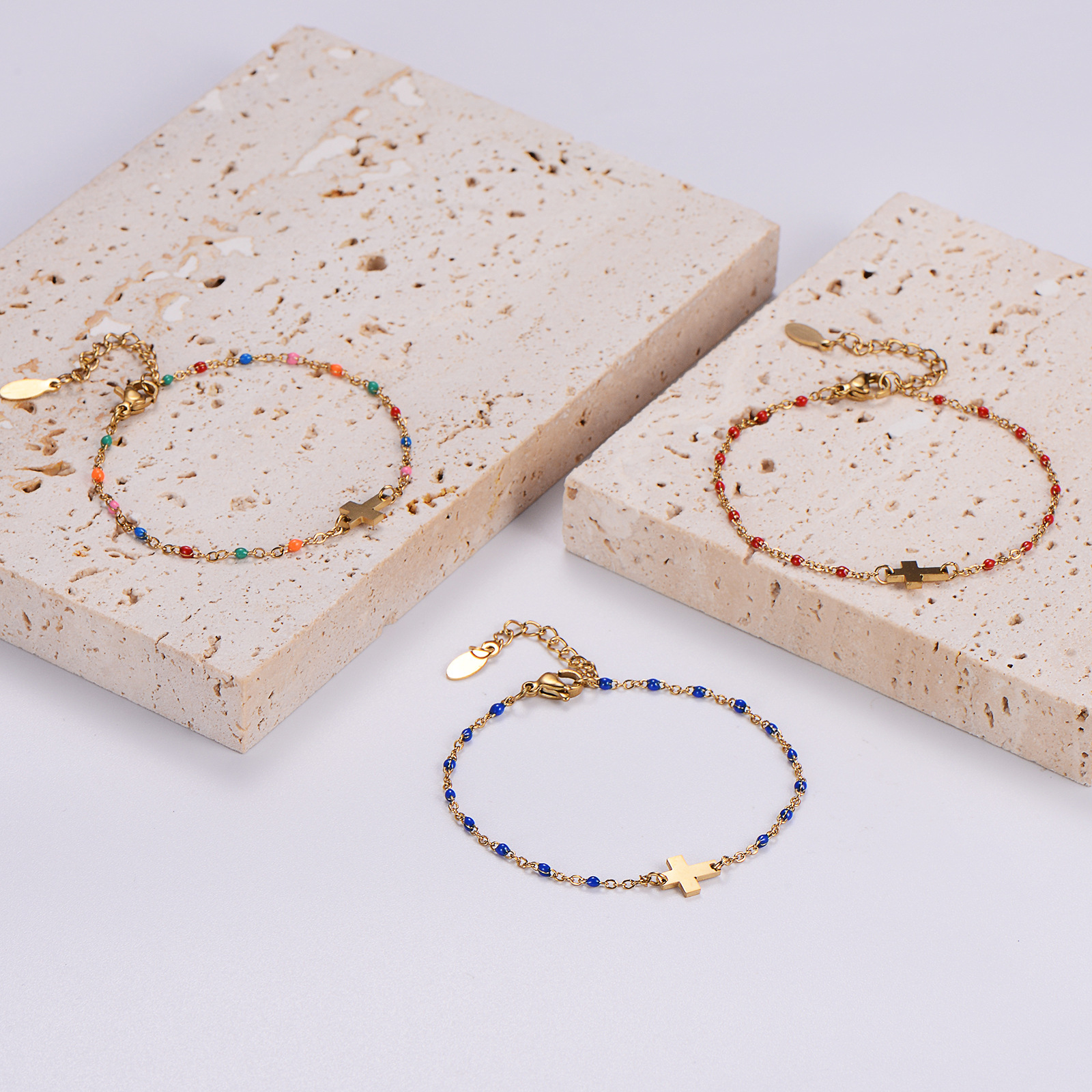 Stainless Steel Bracelet Gold Plated With Colorful Beads And Cross Pendant Religious Jewelry For Women Men Adjustable