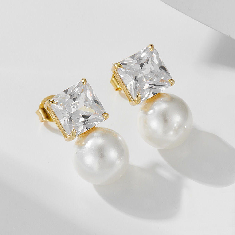 Square Zircon Pearl Drop Earrings With 925 Sterling Silver Earring Post Luxury Minimalist Fashion Jewelry For Women