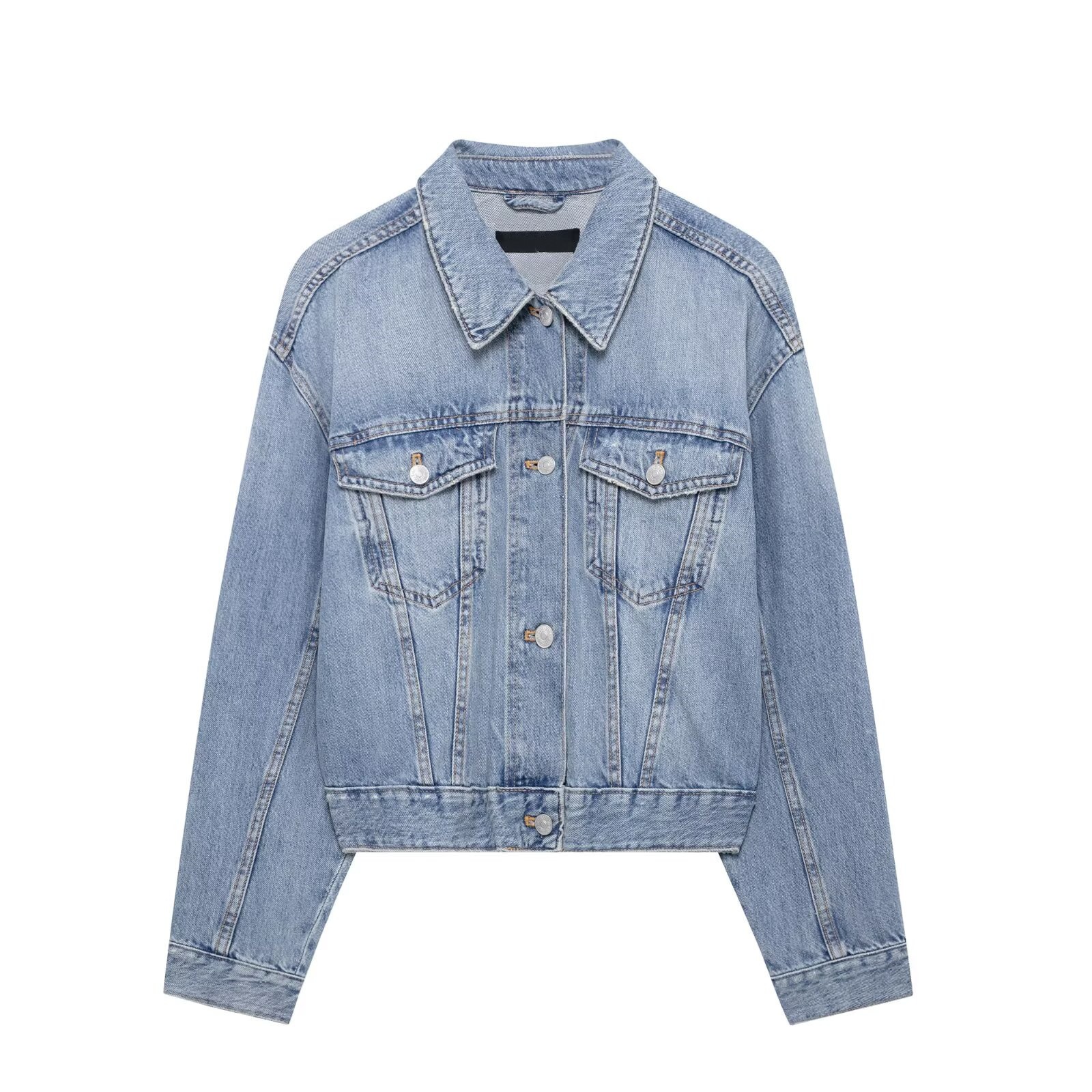 Women's Casual Loose Denim Jacket Rhinestone Back Bow Stitching Washed Blue Jean Coat Long Sleeve Lapel Single Breasted Outerwear For Women